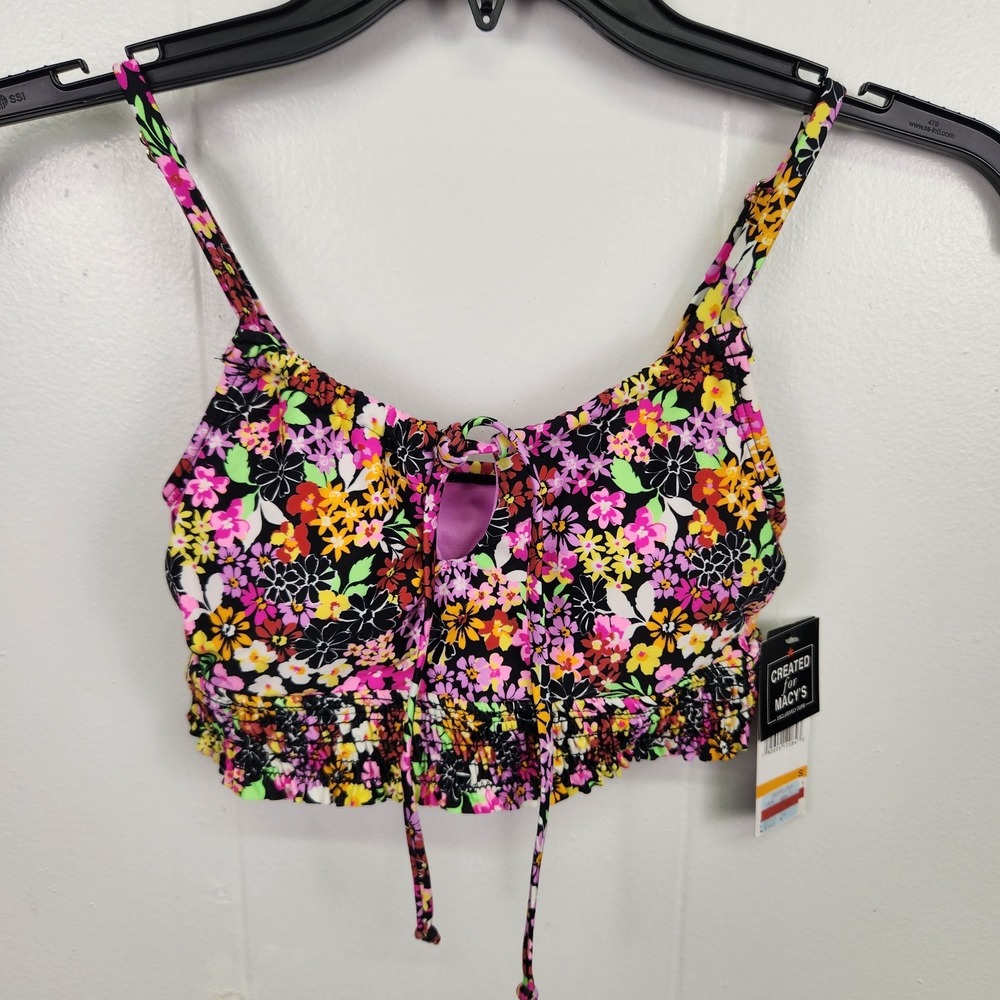 California Waves Smocked Cami Top S Floral Multi Print Ruffle Stretch Crop NWT